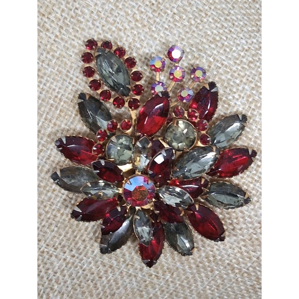 Vintage 50s Red Smoky Rhinestone Brooch Lapel Pin 2.5in Bold  Navette Swedge